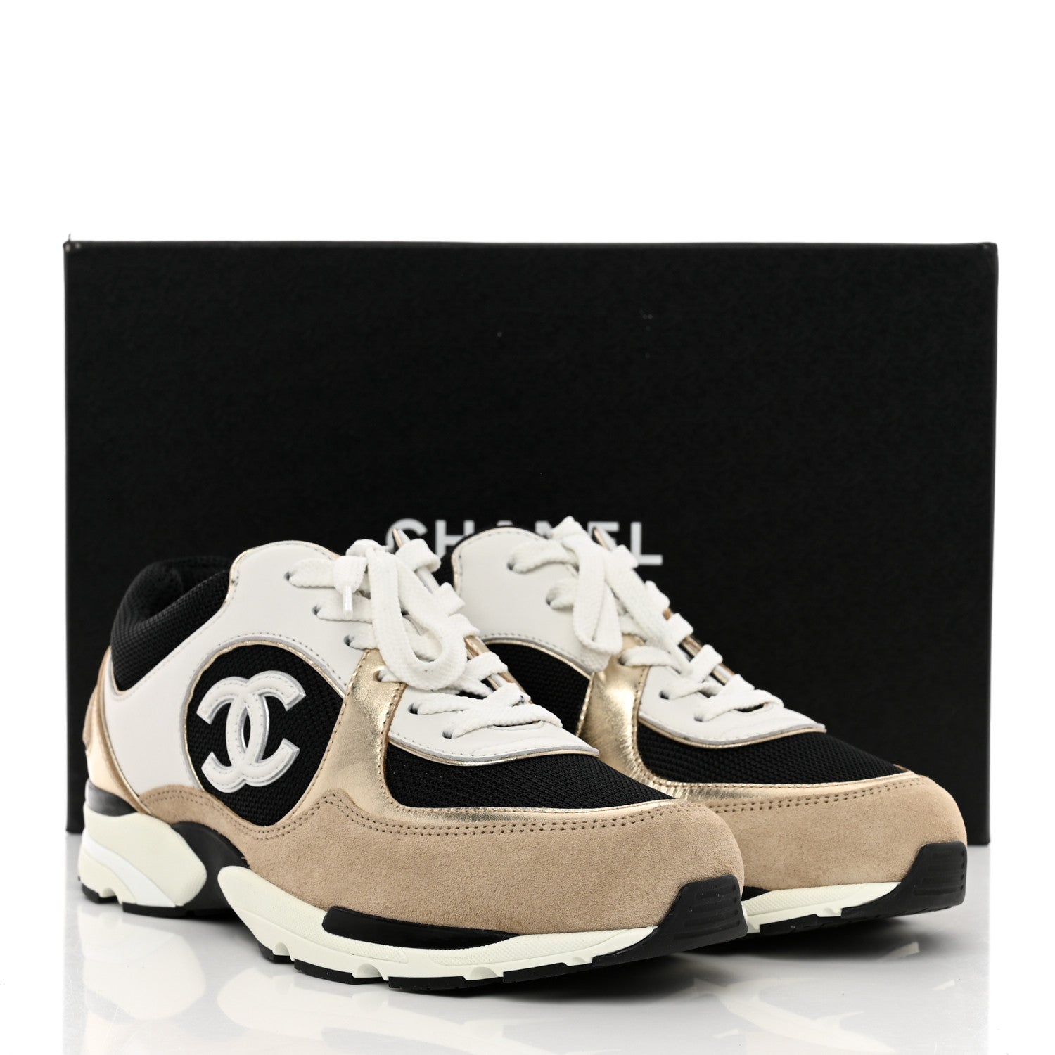 Chanel Mesh Suede Calfskin Womens CC Sneakers 38.5 White Black Beige Gold 8 of 8