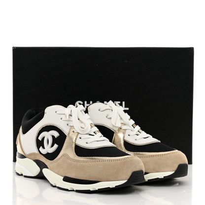 Chanel Mesh Suede Calfskin Womens CC Sneakers 38.5 White Black Beige Gold 8 of 8