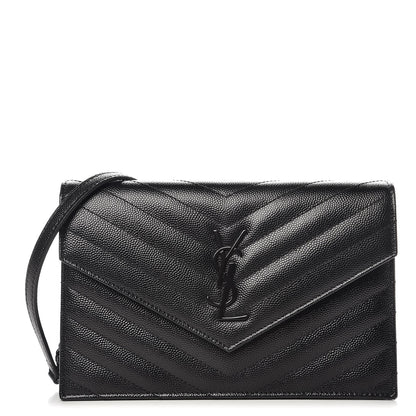 Saint Laurent Grain De Poudre Matelasse Chevron Monogram Envelope Chain Wallet Black 1 of 9