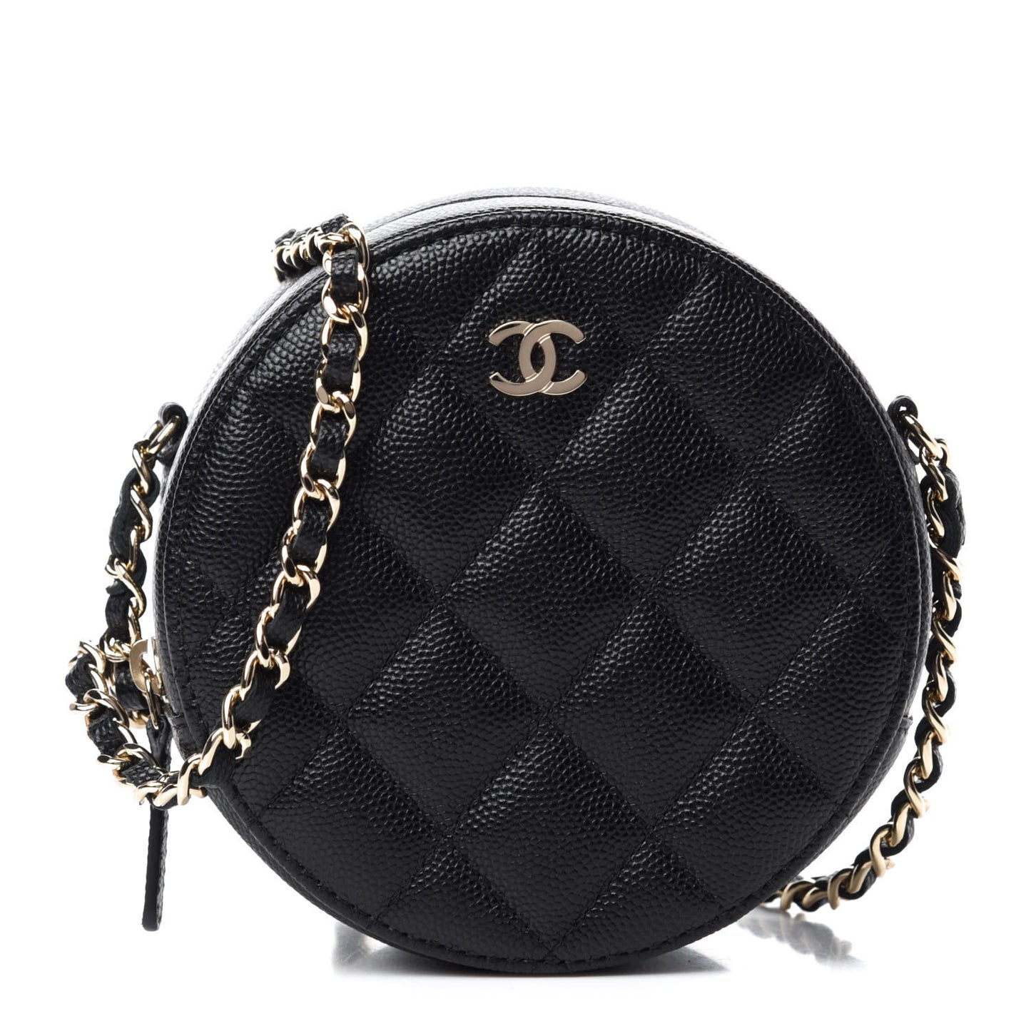 Caviar Quilted Round Clutch With Chain Black