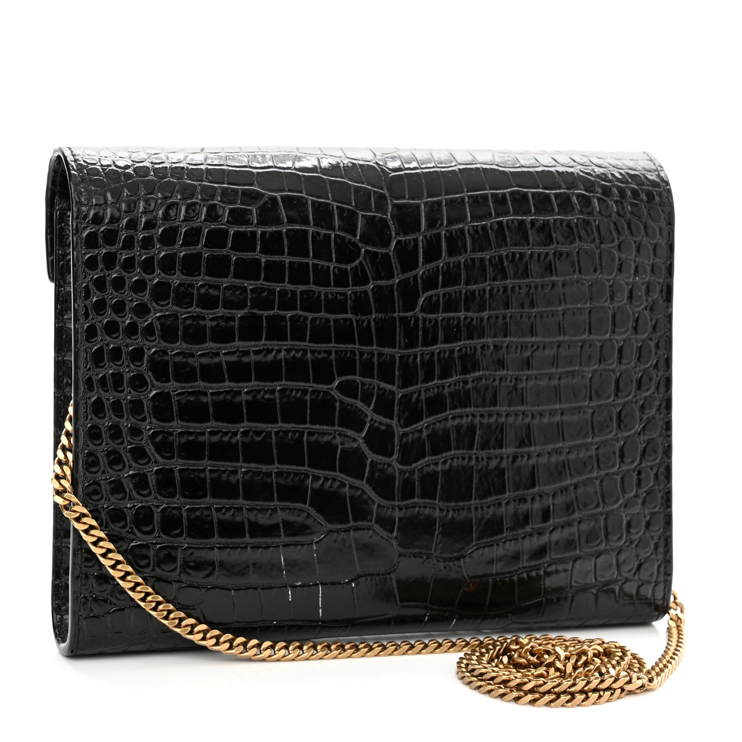 Calfskin Crocodile Embossed Monogram Cassandra Chain Wallet Black