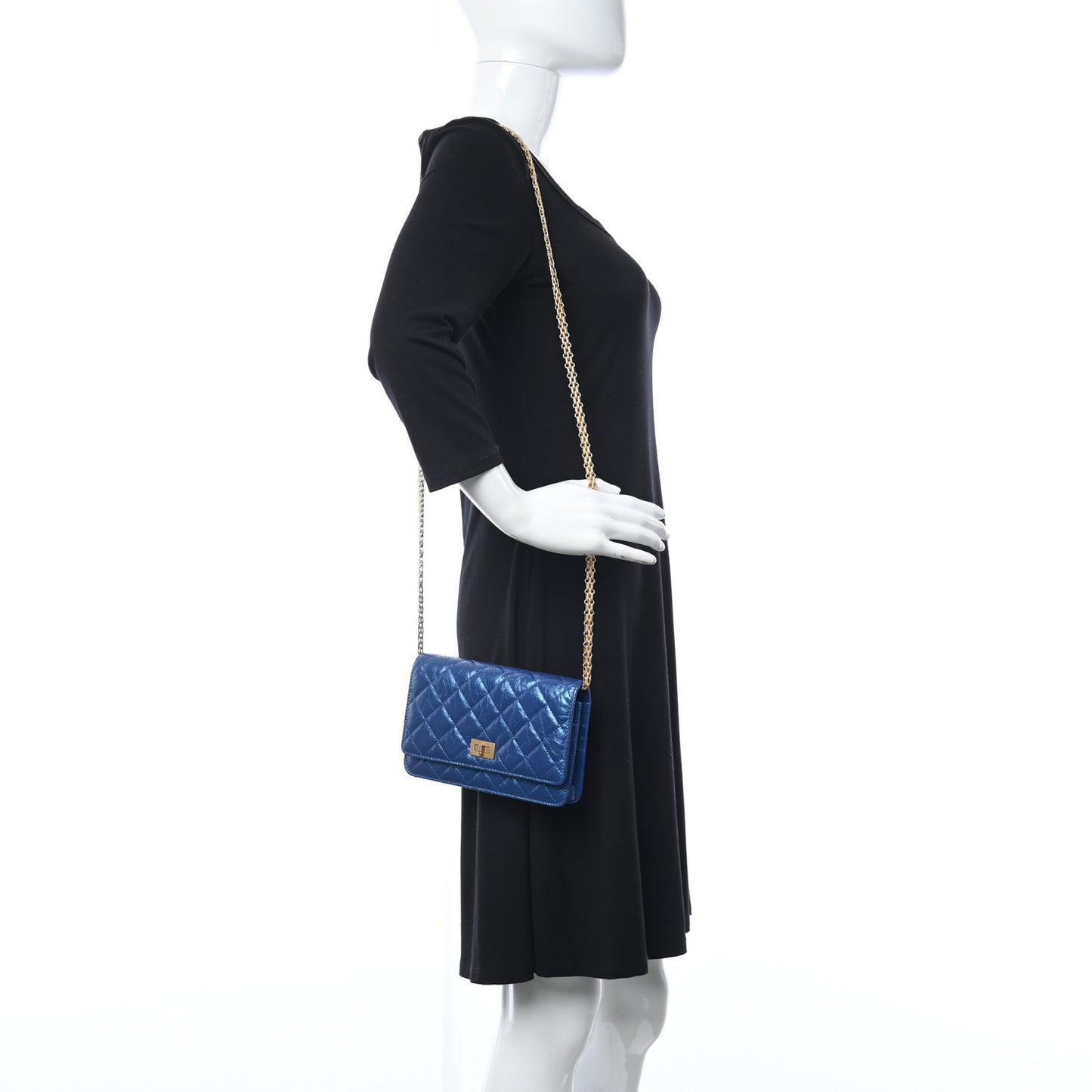 Metallic Aged Calfskin Quilted 2.55 Reissue Wallet on Chain WOC Blue