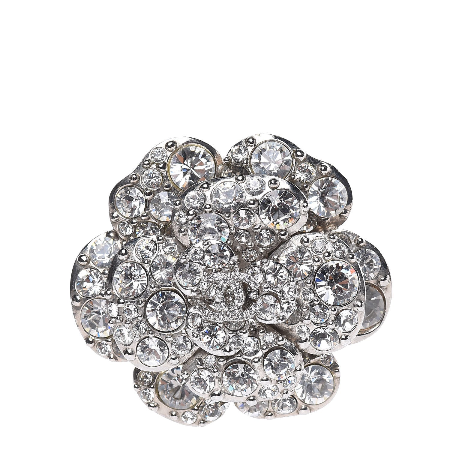 Chanel Swarovski Crystal Camellia CC Brooch Silver 1 of 6