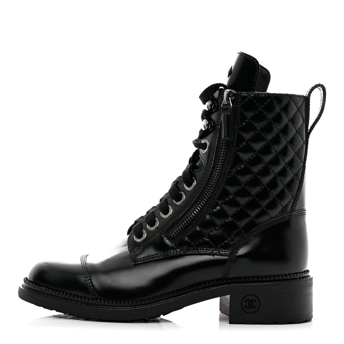Calfskin Quilted Lace Up Combat Boots 36 Black