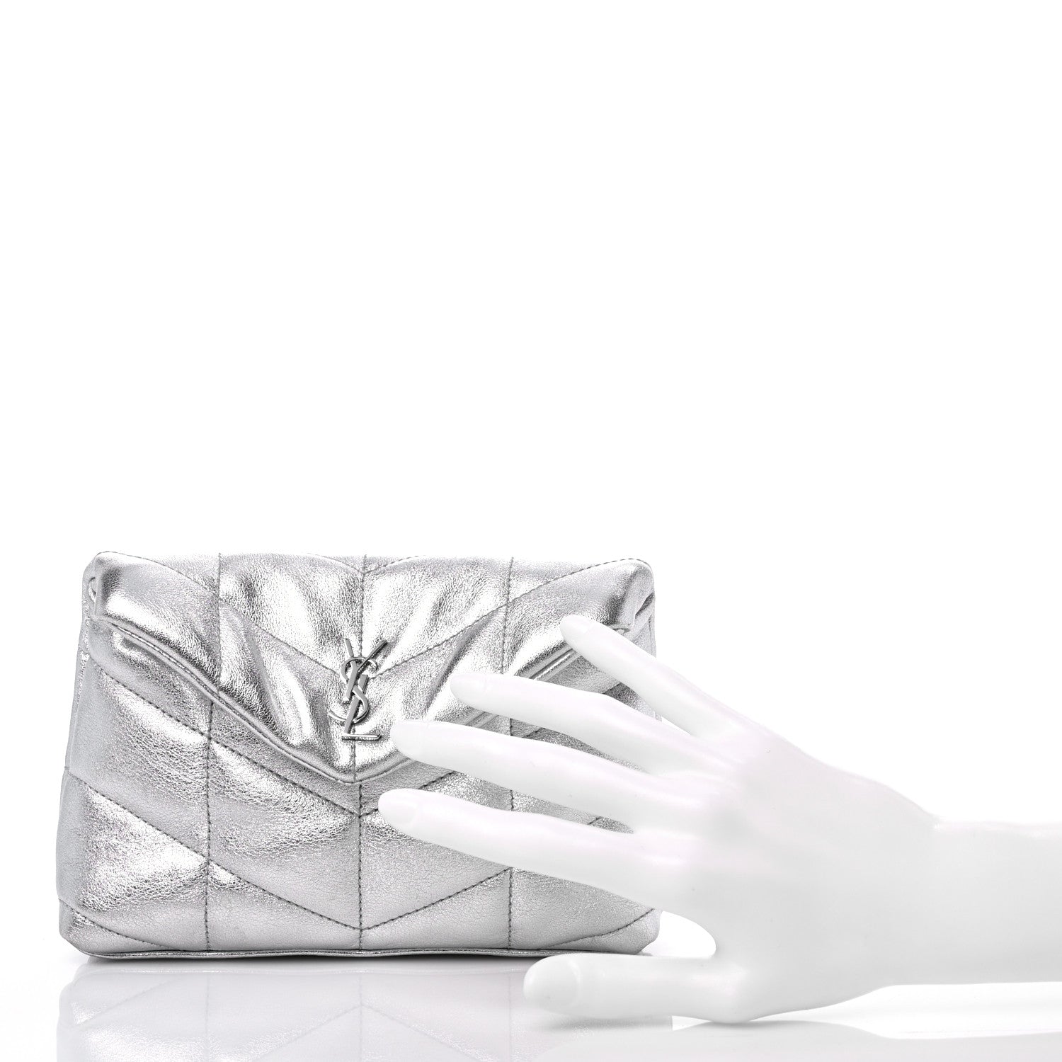Saint Laurent Metallic Lambskin Monogram Loulou Puffer Pouch Clutch Silver 2 of 10