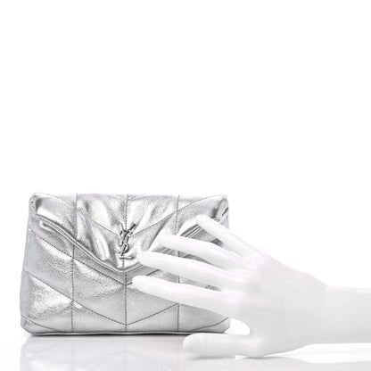 Saint Laurent Metallic Lambskin Monogram Loulou Puffer Pouch Clutch Silver 2 of 10