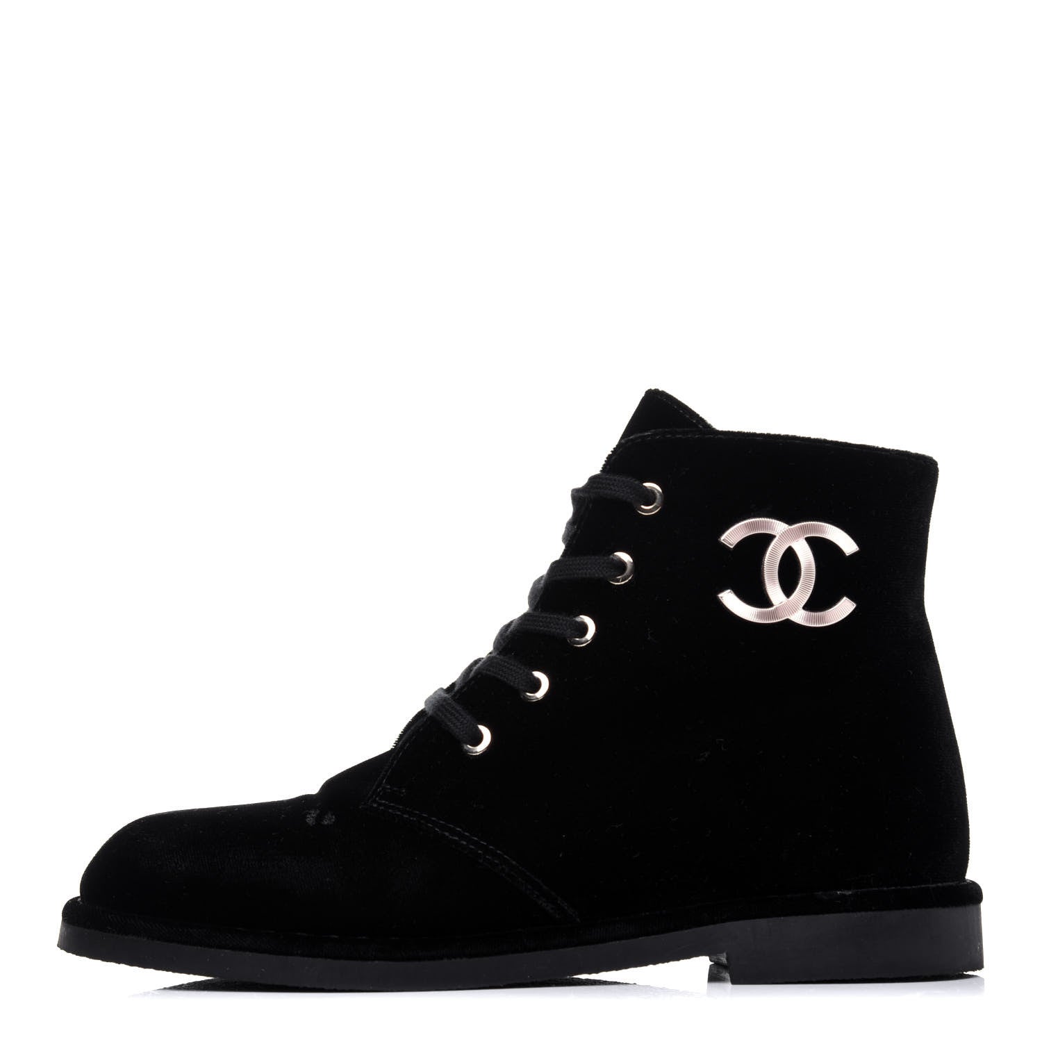 Chanel Velvet CC Lace Up Boots 36.5 Black 1 of 13