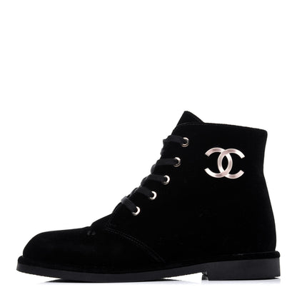 Chanel Velvet CC Lace Up Boots 36.5 Black 1 of 13