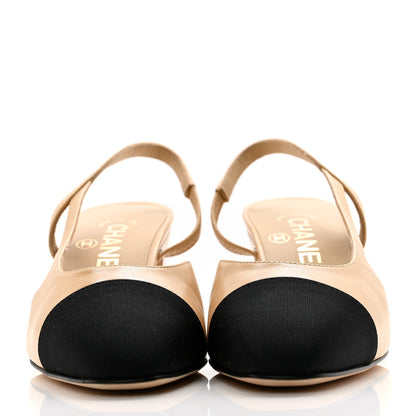 Chanel Goatskin Grosgrain Cap Toe CC Slingback Pumps 35 Beige Black 2 of 11