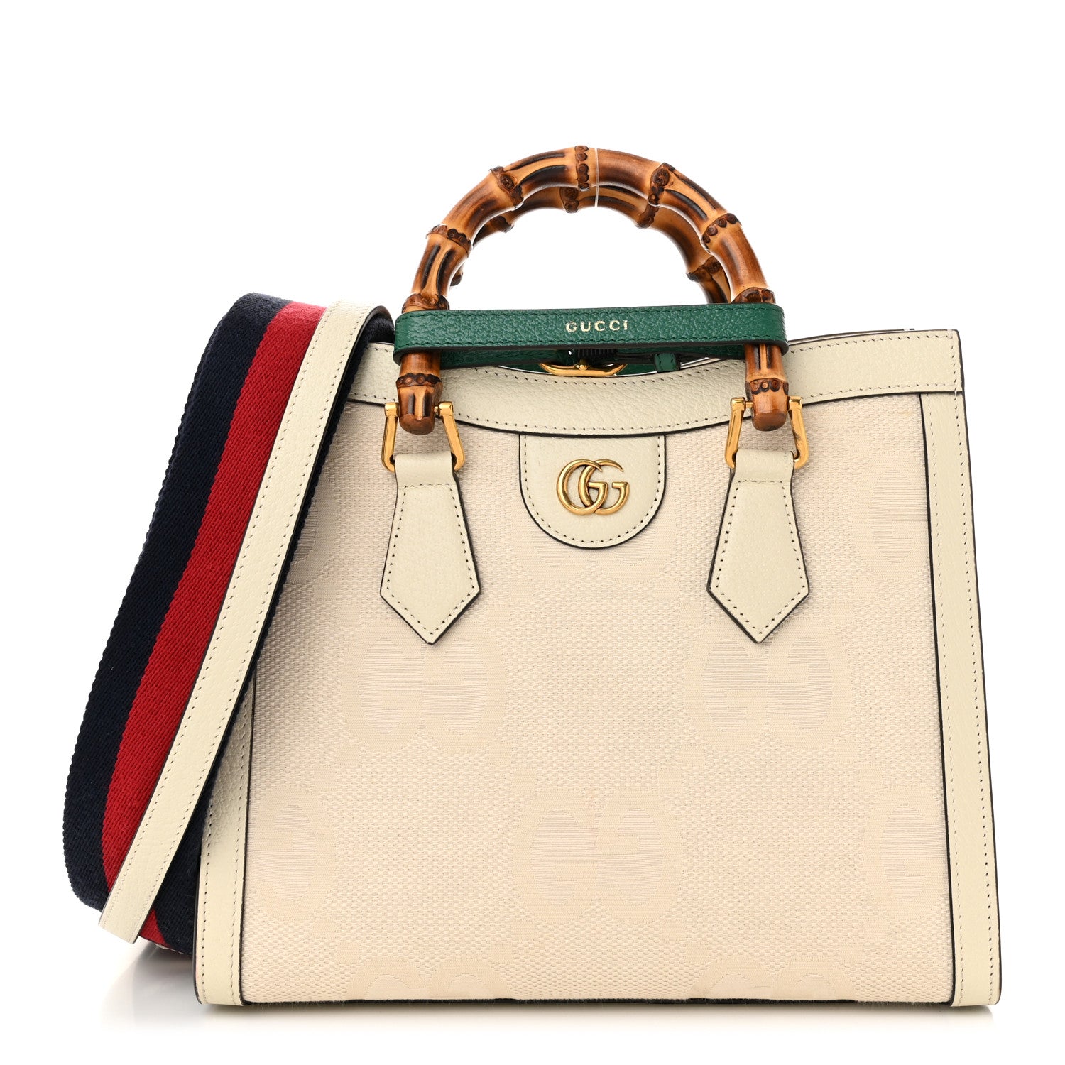 Gucci Monogram Jumbo GG Textured Dollar Calfskin Web Small Diana Tote Bag Mystic White 1 of 11