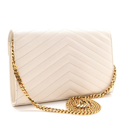 Saint Laurent Grain De Poudre Matelasse Chevron Monogram Chain Wallet Crema Soft 2 of 12