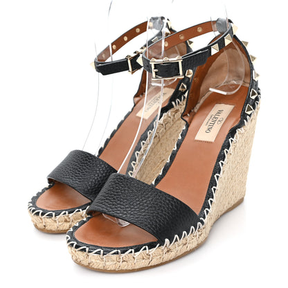 Valentino Garavani Grained Calfskin Rockstud Ankle Wrap Espadrille 15/85mm Wedges 35 Black Light Cuir 4 of 9