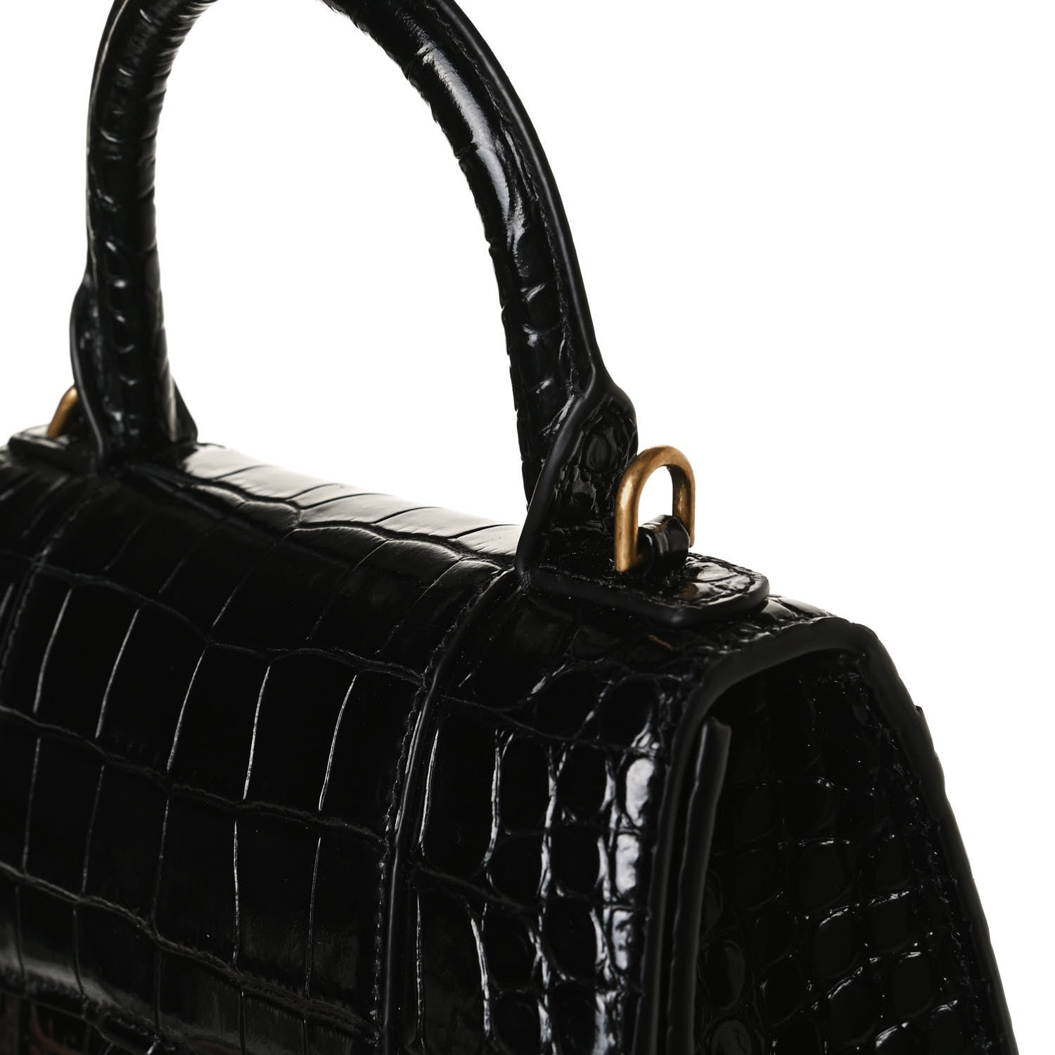 Balenciaga Shiny Calfskin Crocodile Embossed Hourglass Top Handle Bag XS Black 10 of 17