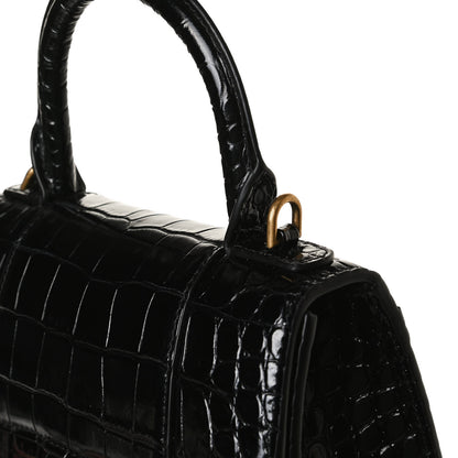 Balenciaga Shiny Calfskin Crocodile Embossed Hourglass Top Handle Bag XS Black 10 of 17