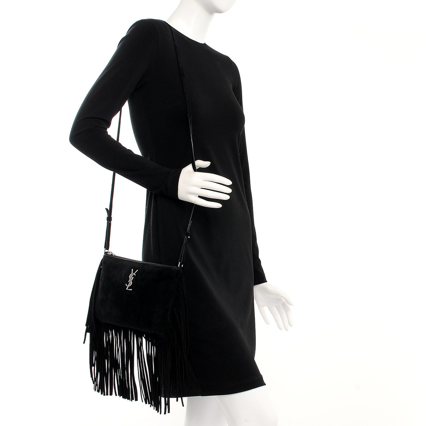Suede Calfskin Small Fringe Crossbody Bag Black