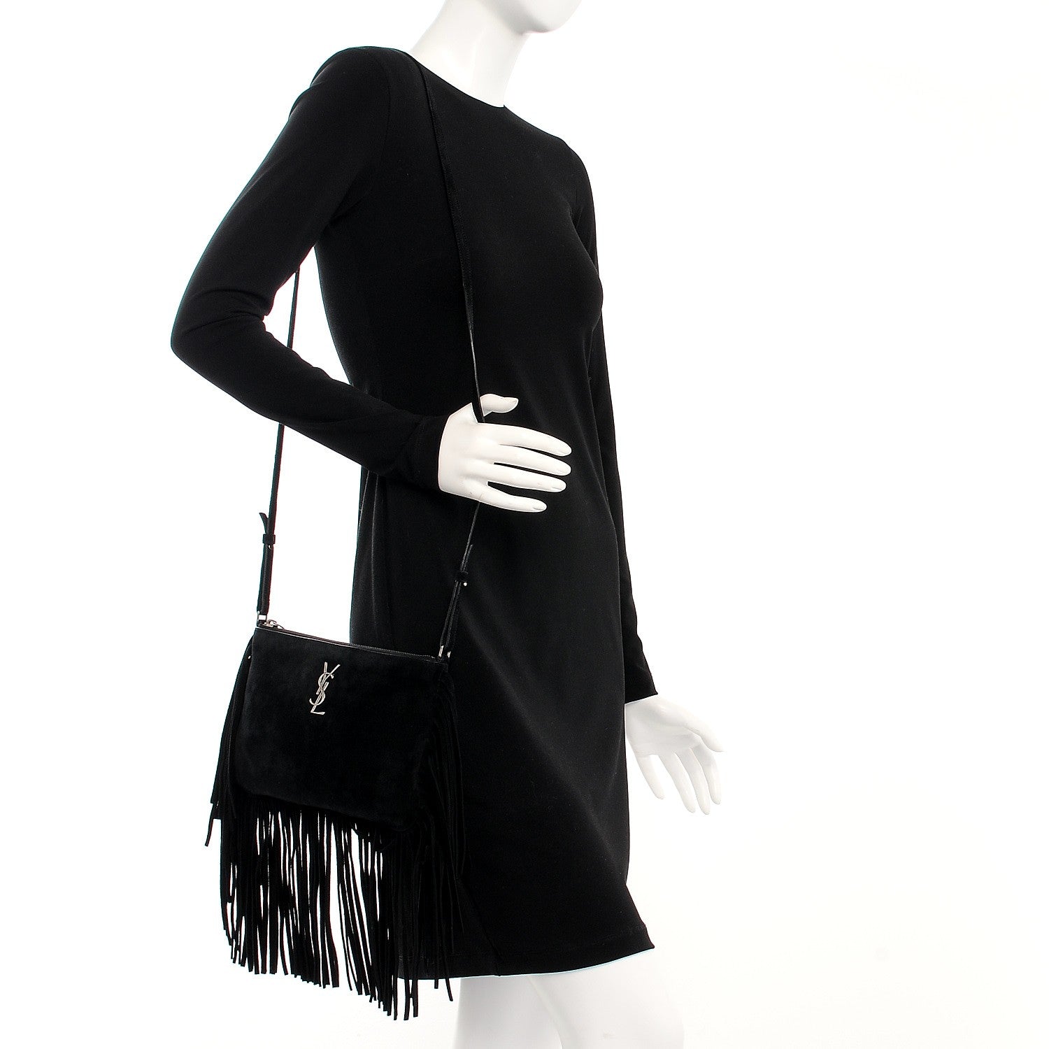 Saint Laurent Suede Calfskin Small Fringe Crossbody Bag Black 2 of 8