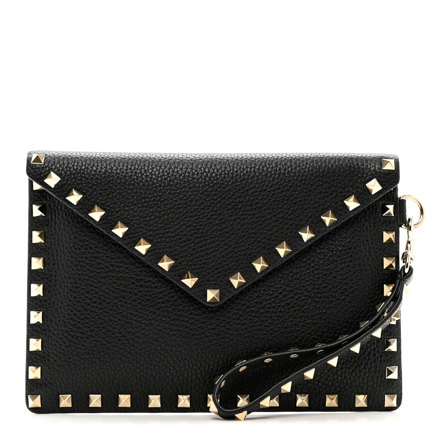 Pebbled Calfskin Medium Rockstud Envelope Flat Wristlet Pouch Black