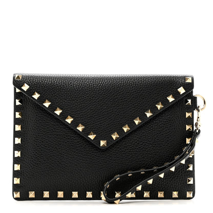 Valentino Garavani Pebbled Calfskin Medium Rockstud Envelope Flat Wristlet Pouch Black 1 of 8