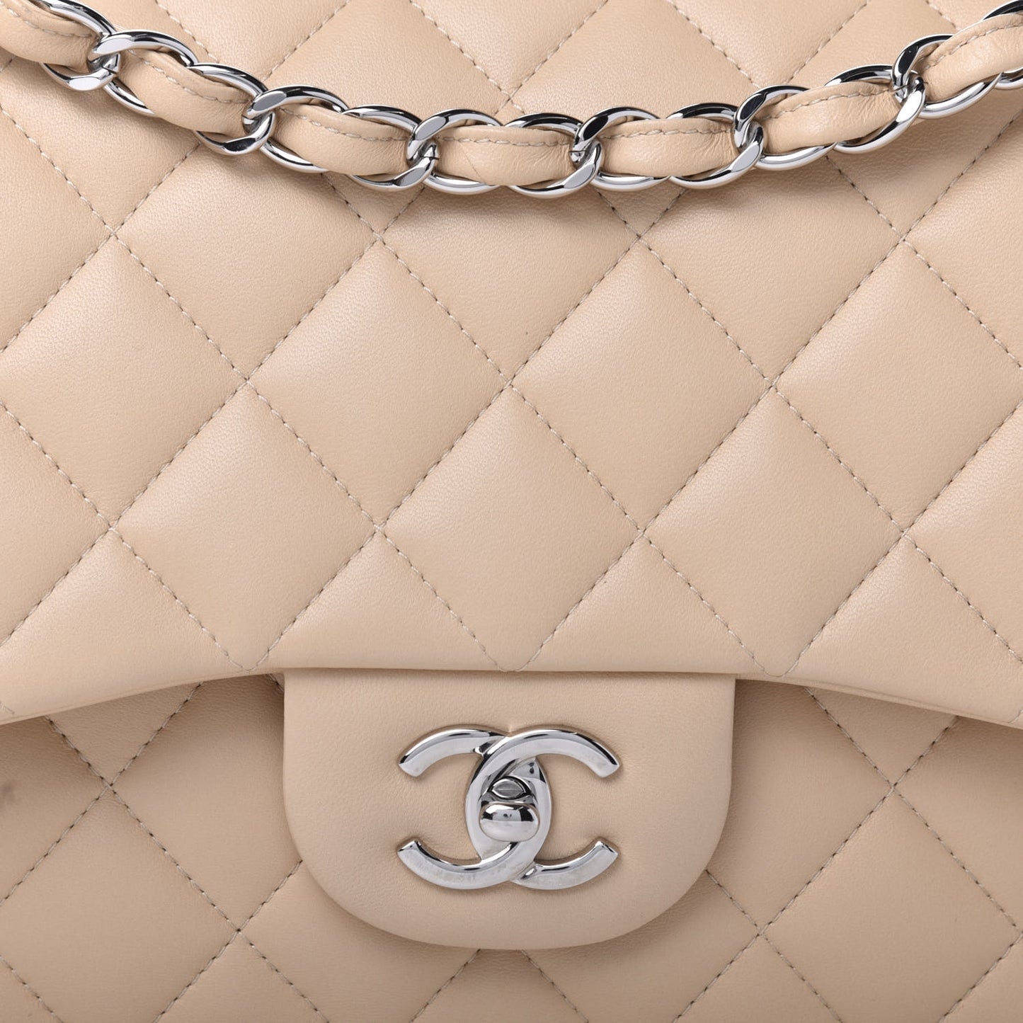 Lambskin Quilted Jumbo Double Flap Beige