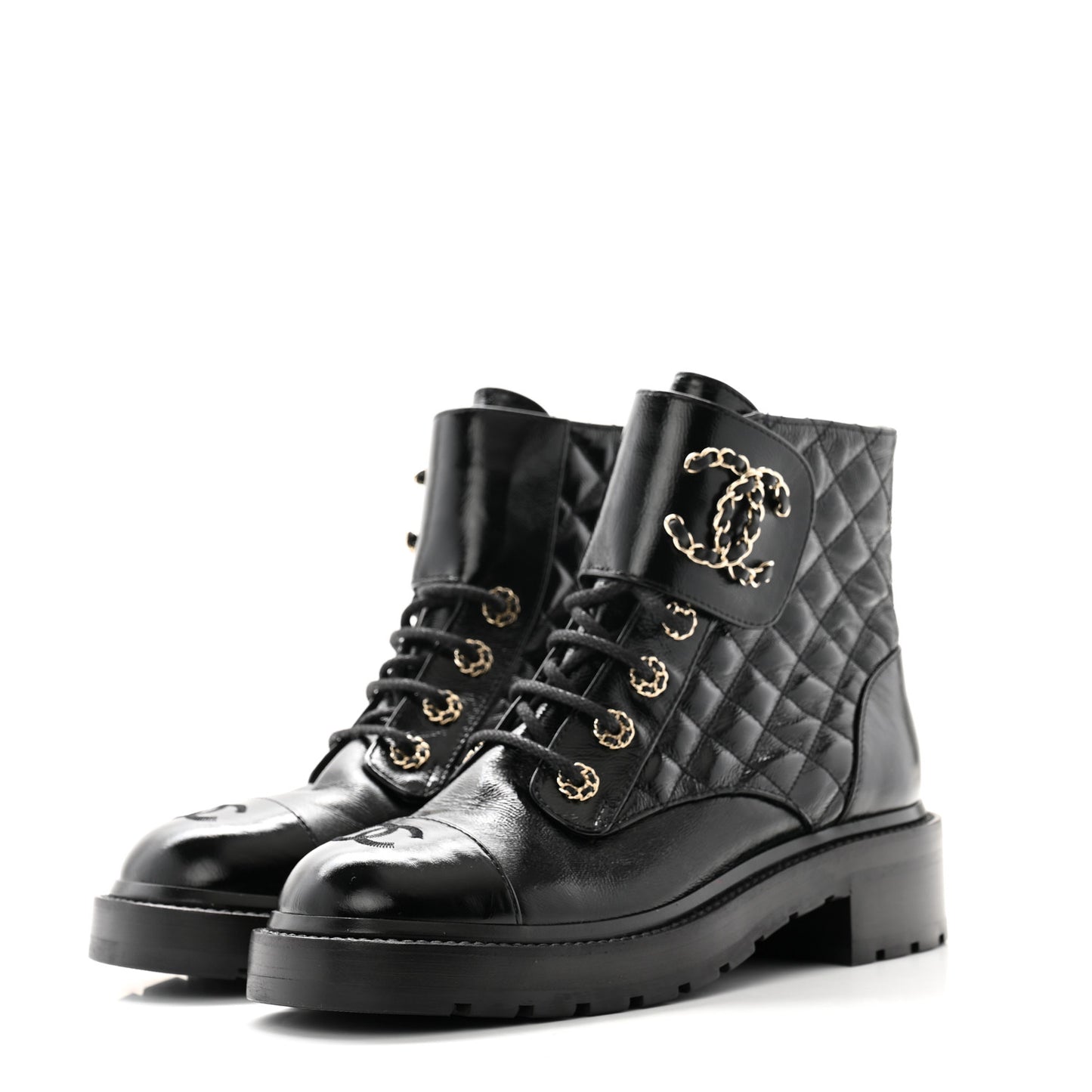 Shiny Calfskin Quilted Lace Up Combat Boots 38.5 Black