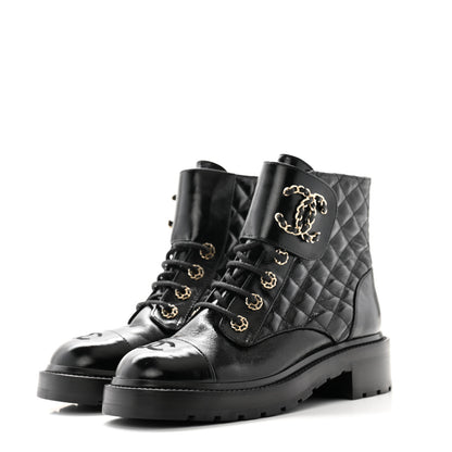 Chanel Shiny Calfskin Quilted Lace Up Combat Boots 38.5 Black 4 of 8
