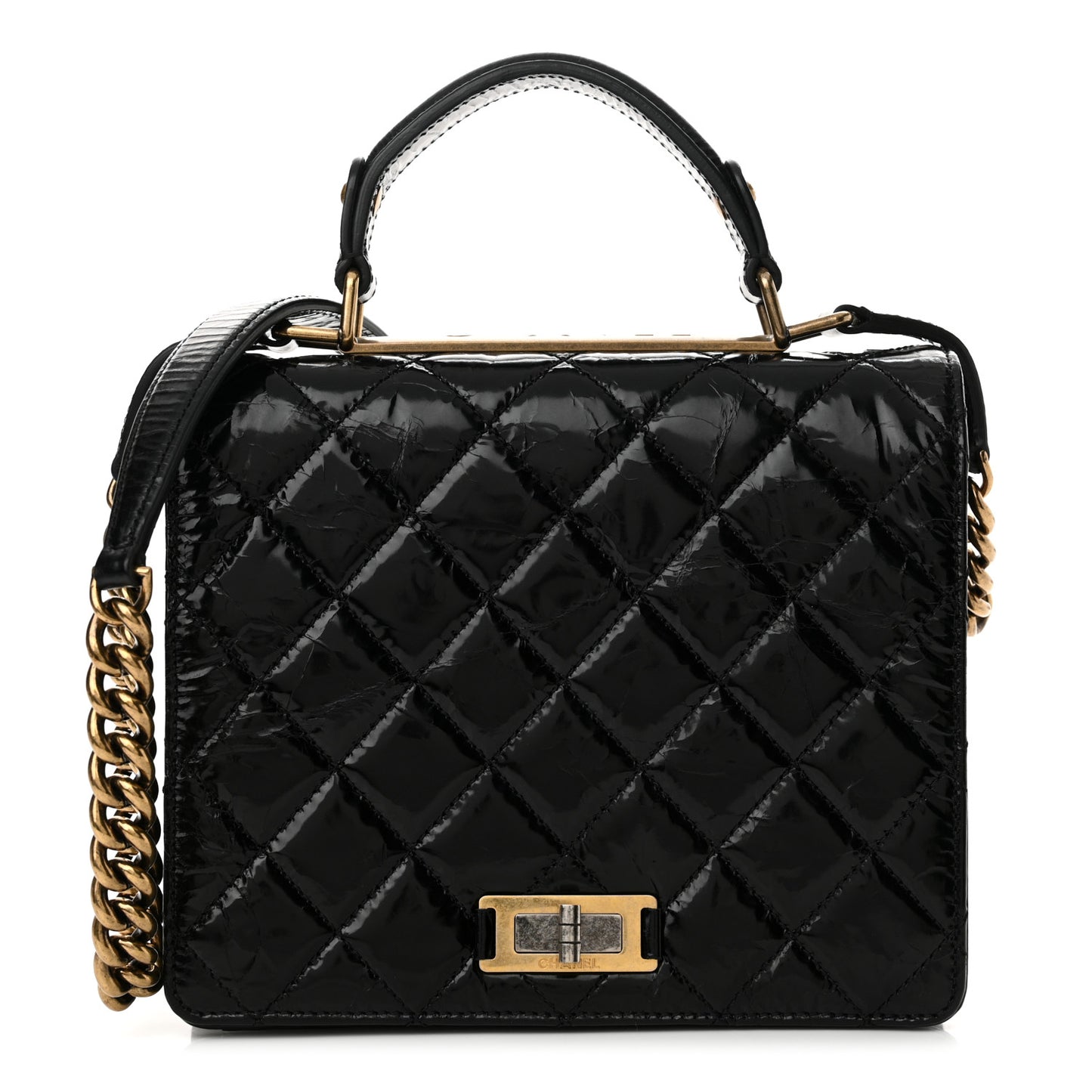 Glazed Calfskin Quilted Rita Top Handle Flap Black
