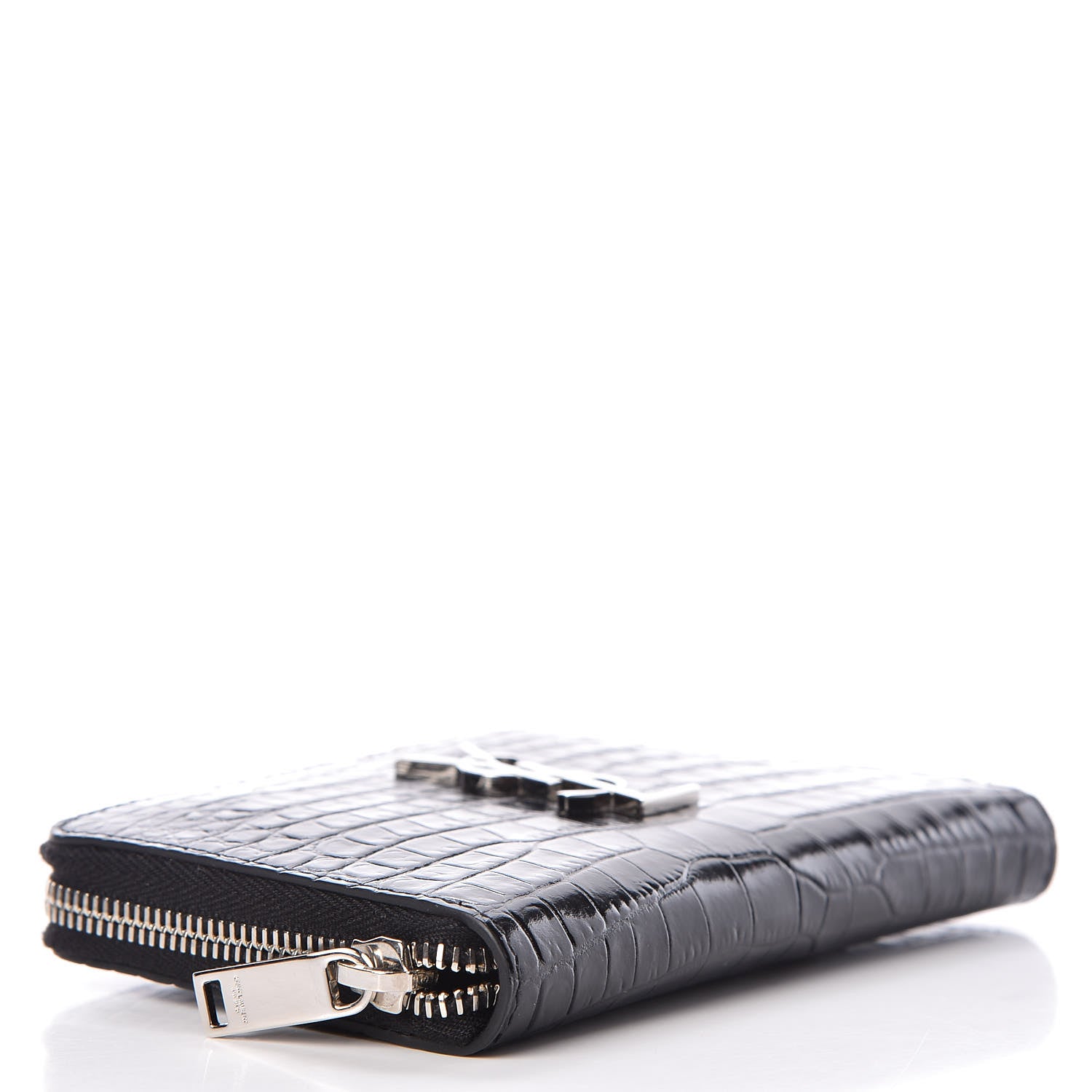 Saint Laurent Calfskin Crocodile Embossed Monogram Zip Around Wallet Black 4 of 11