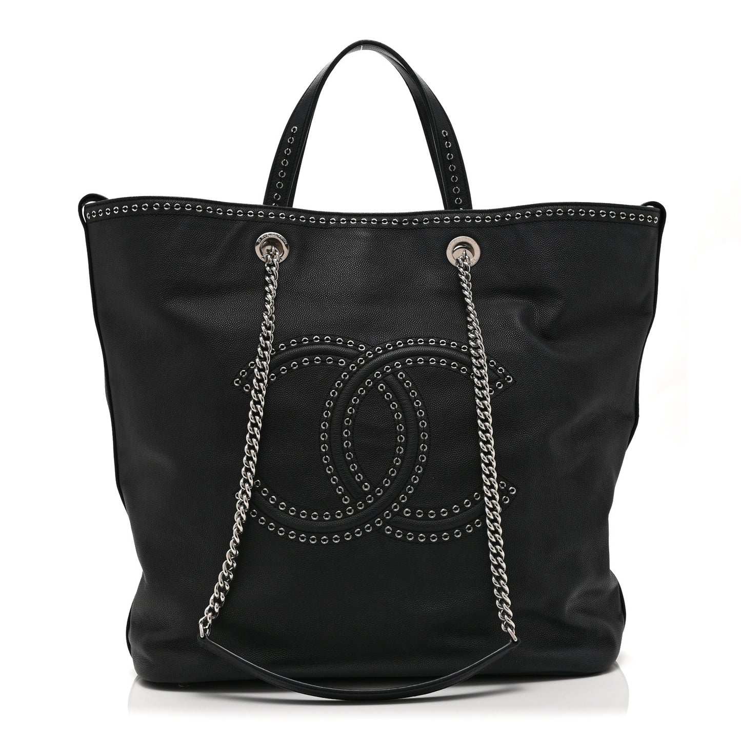 Grained Calfskin Large Coco Eyelets Shopping Tote Black