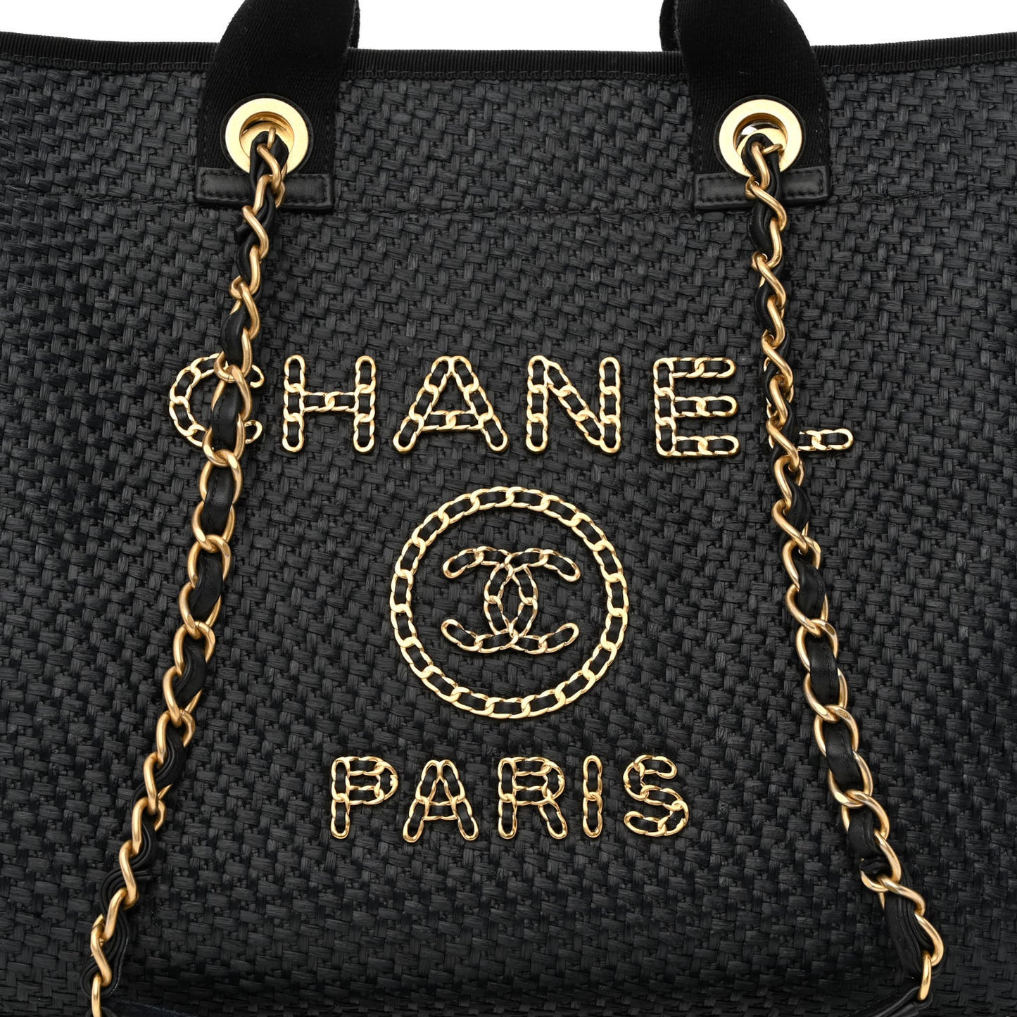 Straw Raffia Calfskin Chain Medium Deauville Tote Black
