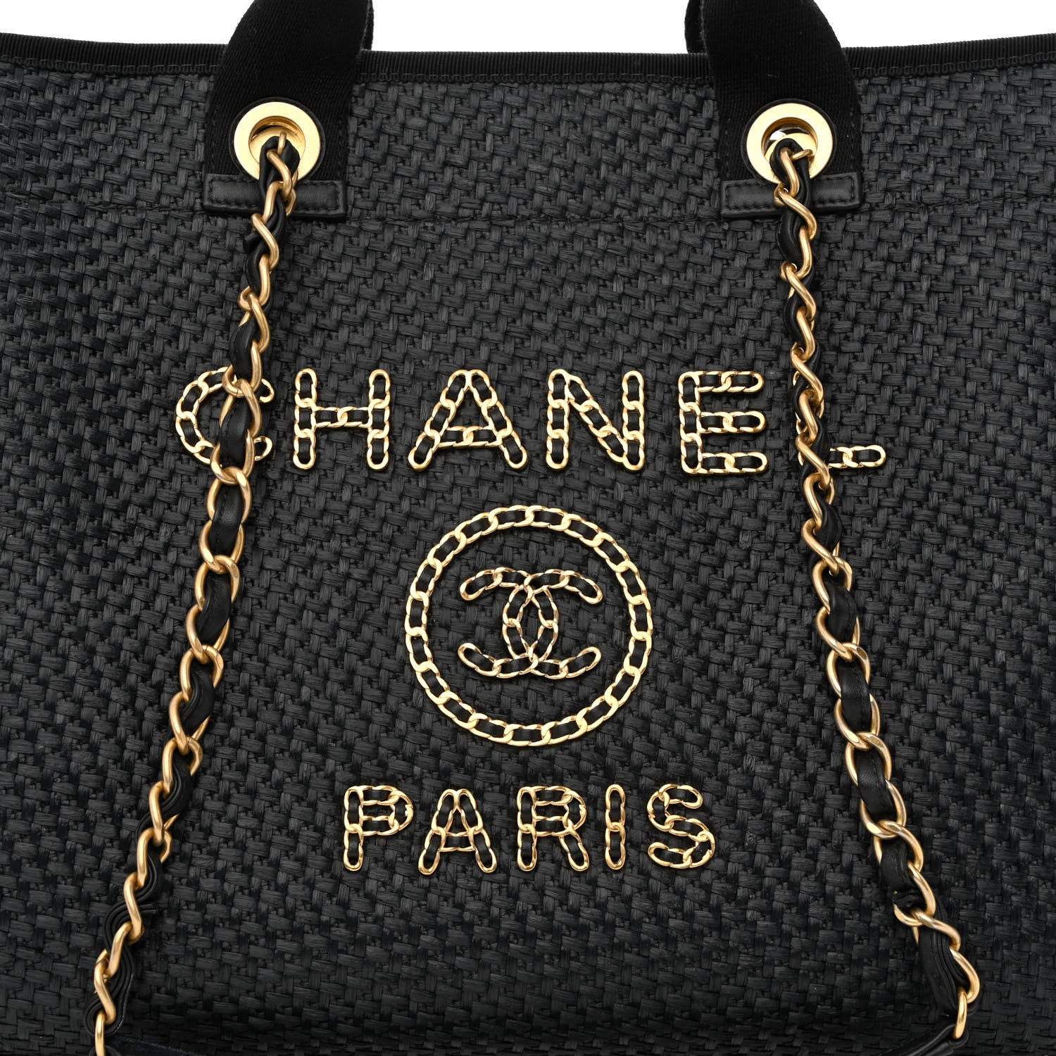 Chanel Straw Raffia Calfskin Chain Medium Deauville Tote Black 8 of 12