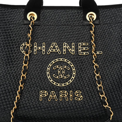 Chanel Straw Raffia Calfskin Chain Medium Deauville Tote Black 8 of 12