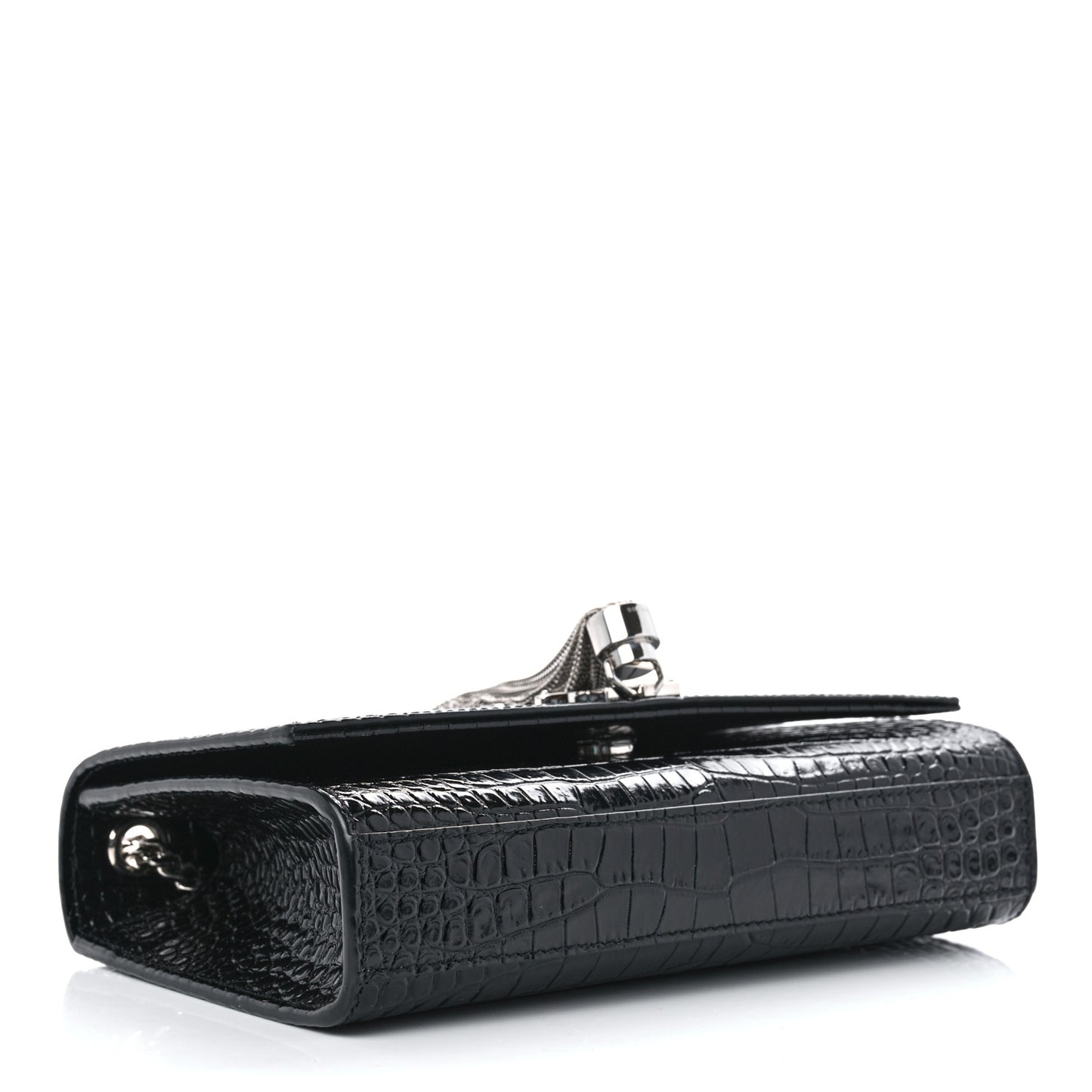 Calfskin Crocodile Embossed Small Classic Monogram Kate Tassel Satchel Black