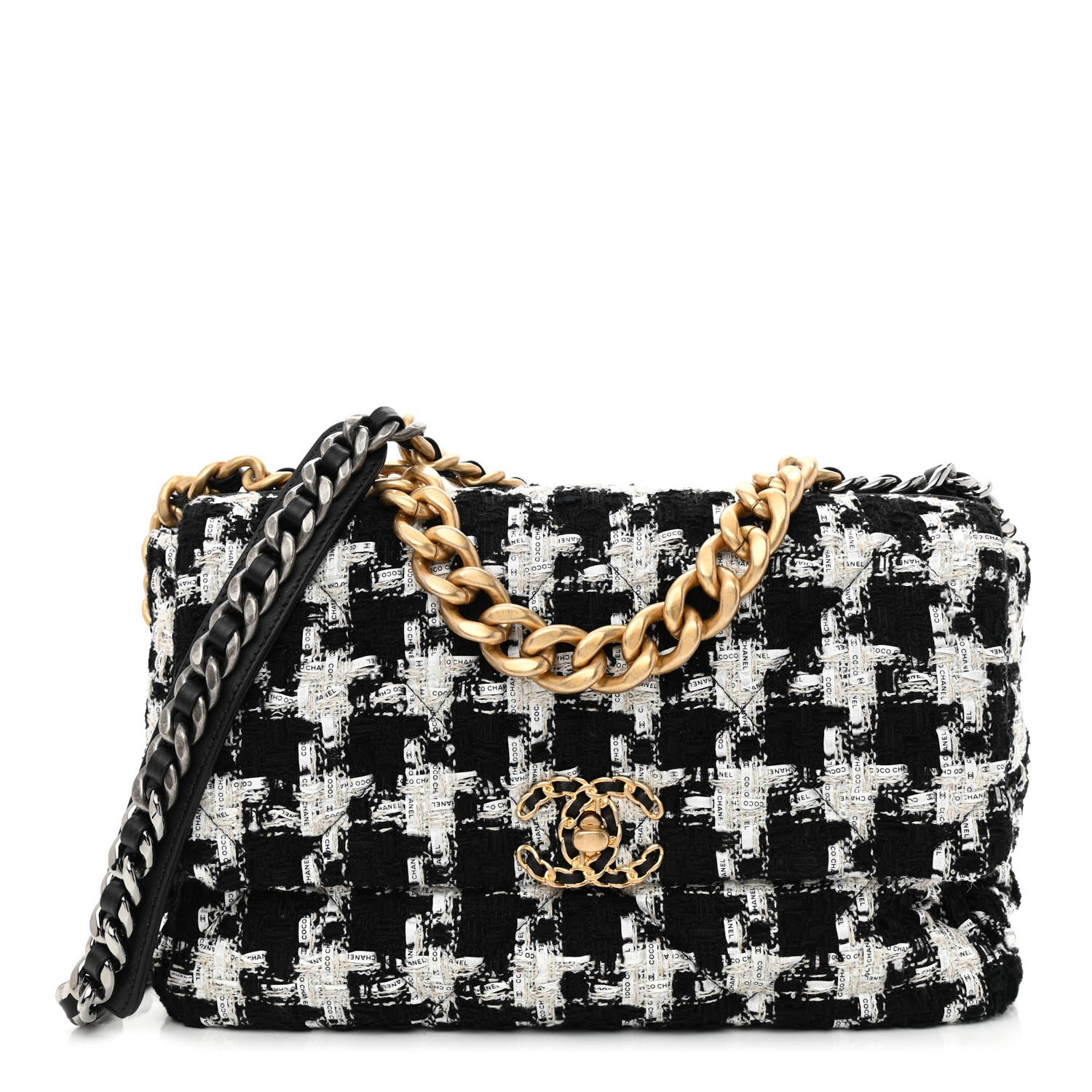 Chanel Tweed Quilted Large Chanel 19 Flap Black Ecru White 1 of 10