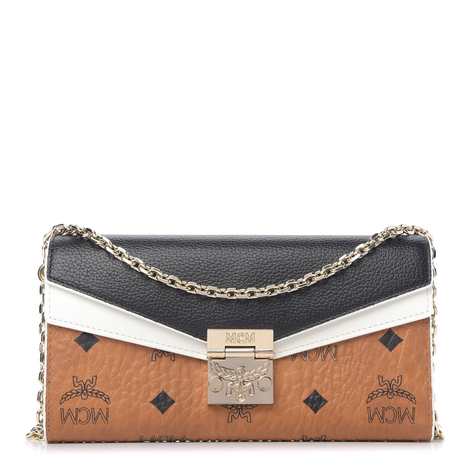 MCM Calfskin Visetos Monogram Patricia Color Block Wallet On Chain Cognac Black White 1 of 9