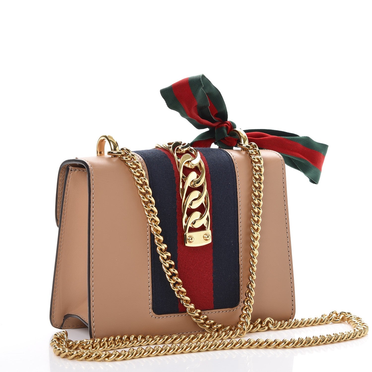 Gucci Vitello Fontanella Web Mini Sylvie Chain Shoulder Bag Camel 3 of 9