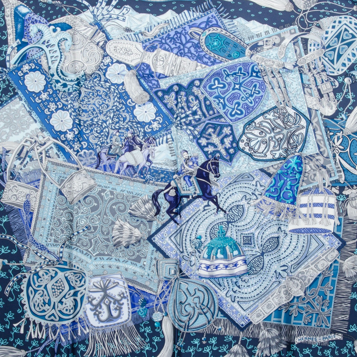 Hermes Silk Cavaliers du Caucase Scarf 90 Marine Gris Turquoise 1 of 5