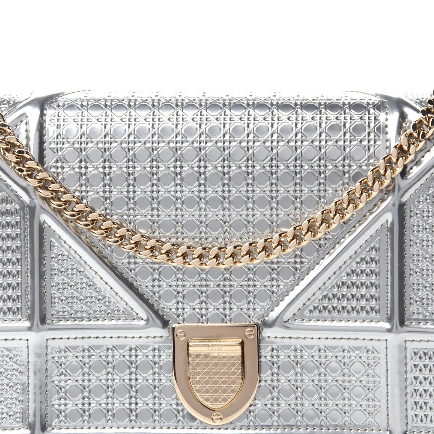 Metallic Patent Micro-Cannage Diorama Wallet on Chain Pouch Silver