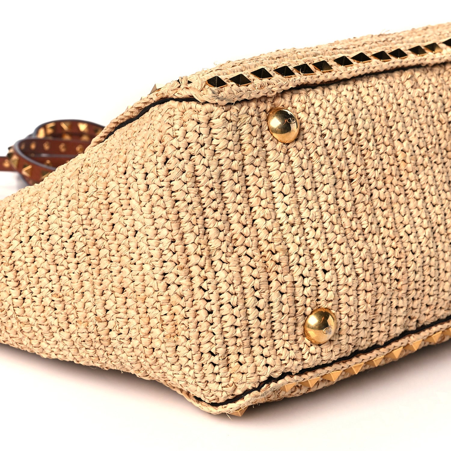 Valentino Garavani Raffia Calfskin Rockstud Tote Naturale Saddle Brown 8 of 10