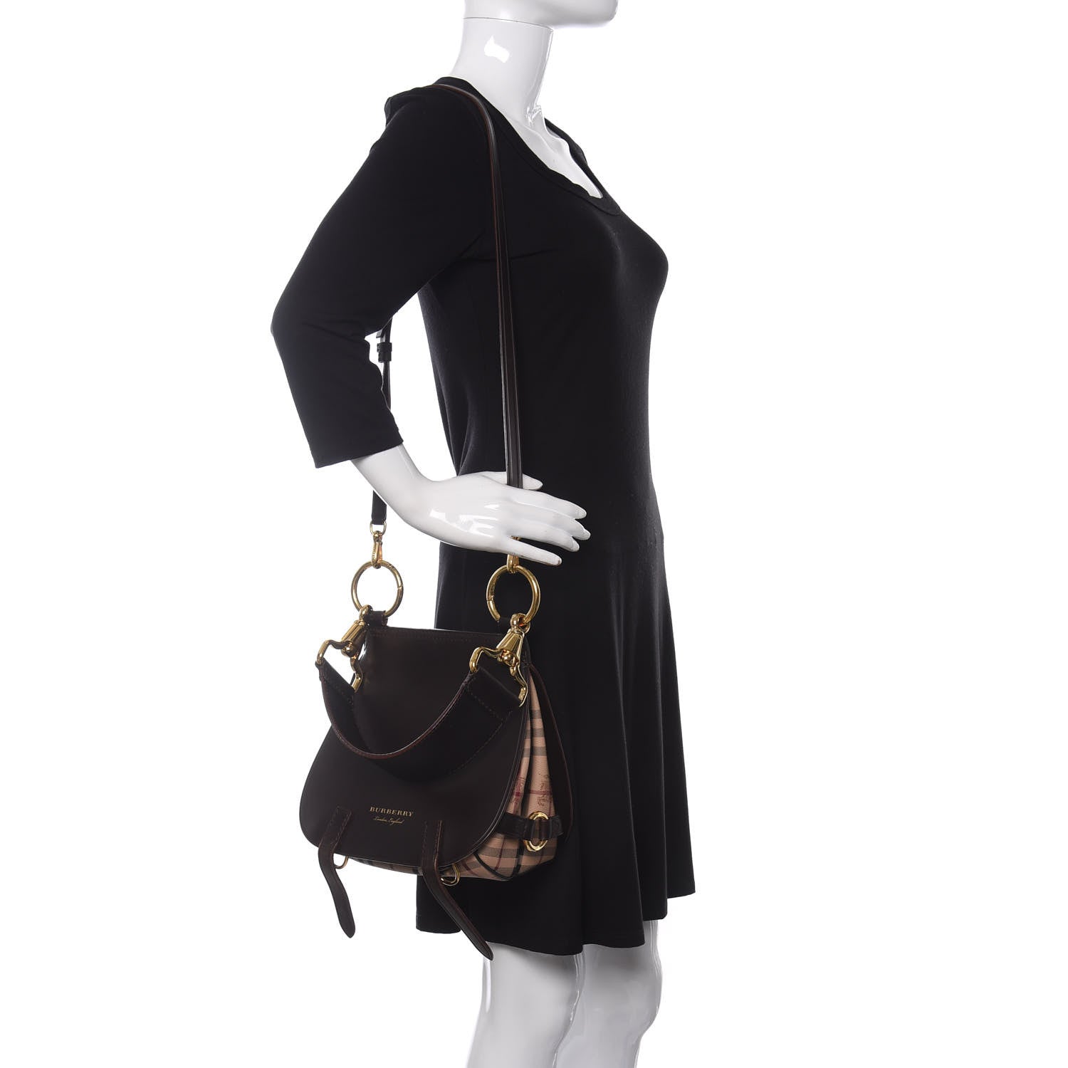 Burberry Haymarket Check Large Bridle Saddle Bag Dark Clove Brown