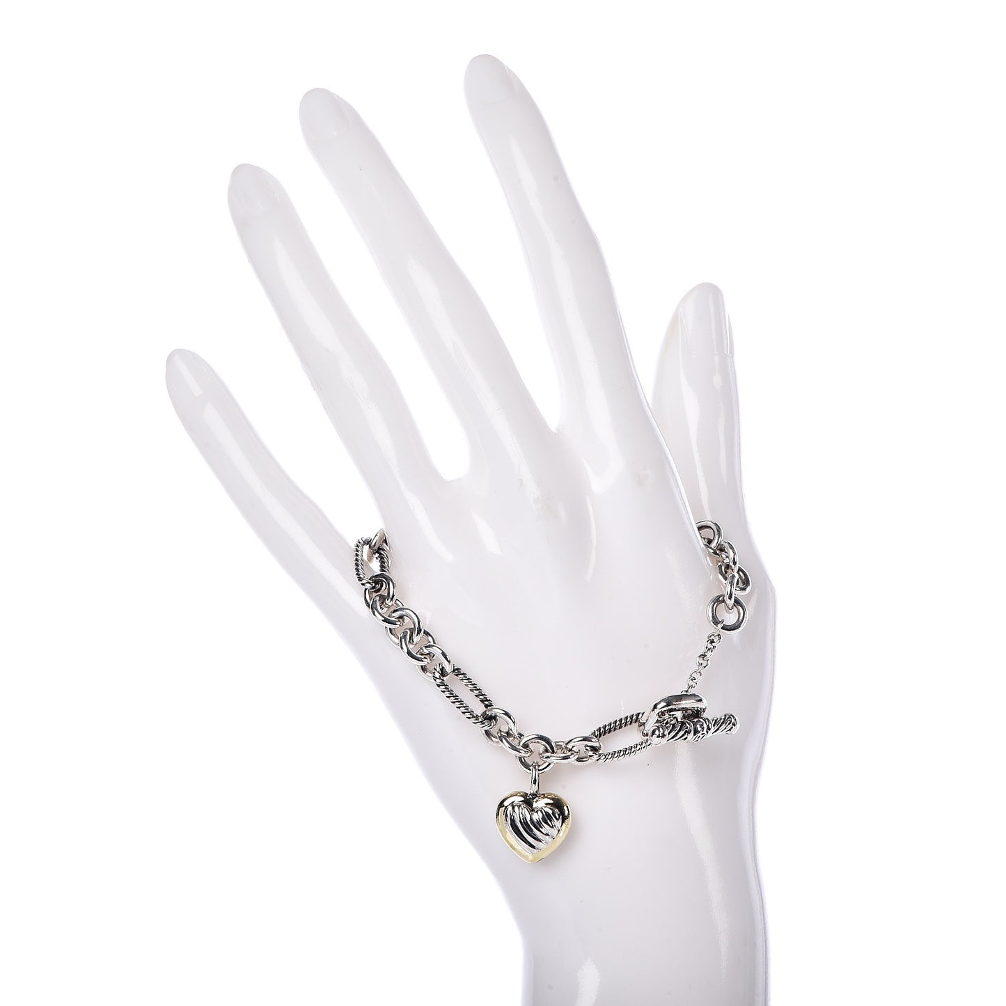 Sterling Silver 18K Yellow Gold Cable Heart Charm Bracelet