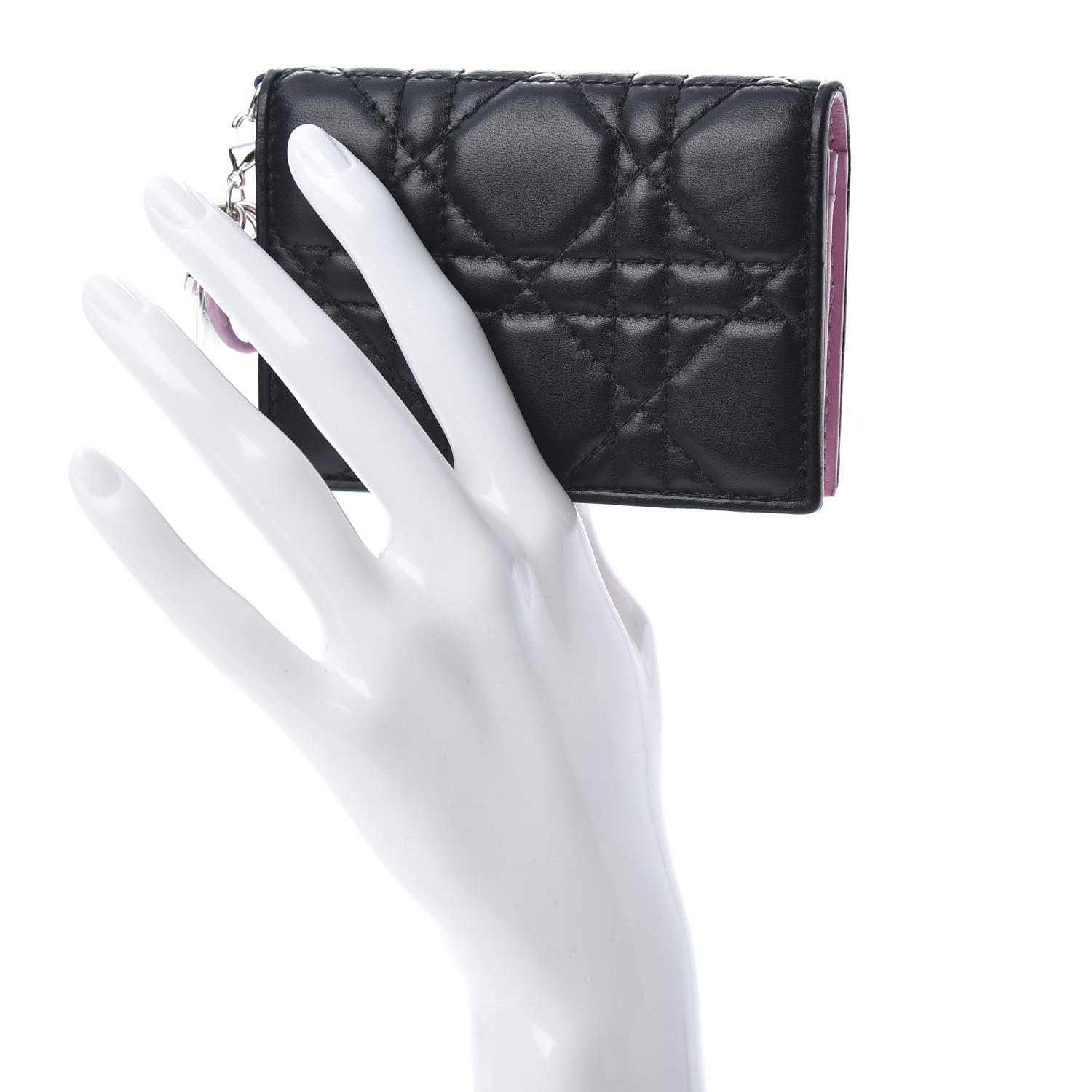 Christian Dior Lambskin Cannage Bi-Color Small Lady Dior Flap Card Holder Black Pink 2 of 8