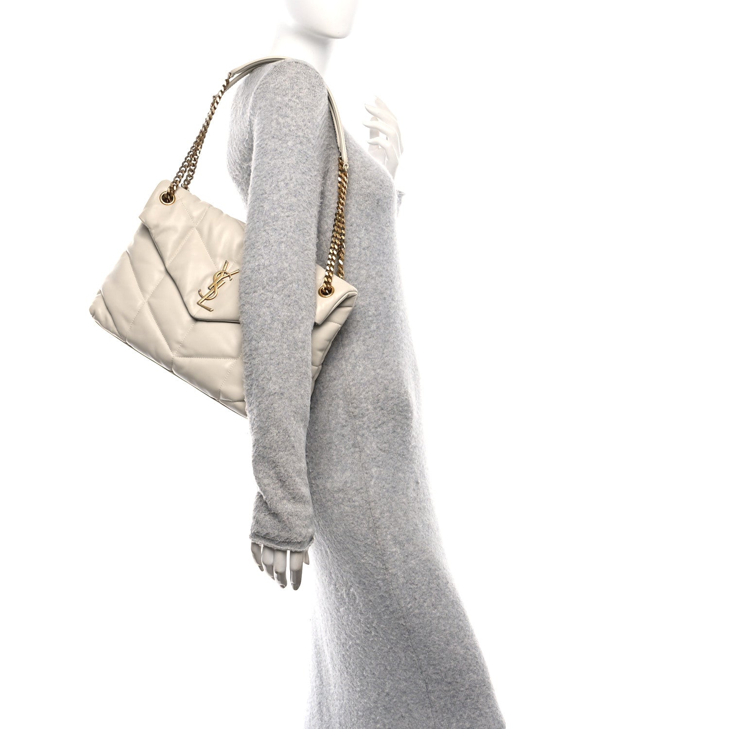 Saint Laurent Lambskin Quilted Medium Loulou Puffer Monogram Chain Satchel Crema Soft 2 of 13