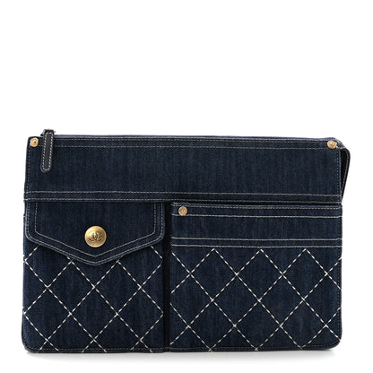 Chanel Denim Quilted Zipped Clutch Blue 1 of 8
