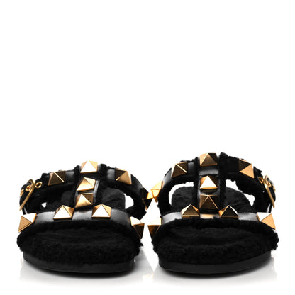 Valentino Garavani Shearling Roman Stud Slide Sandals 39 Black 2 of 7