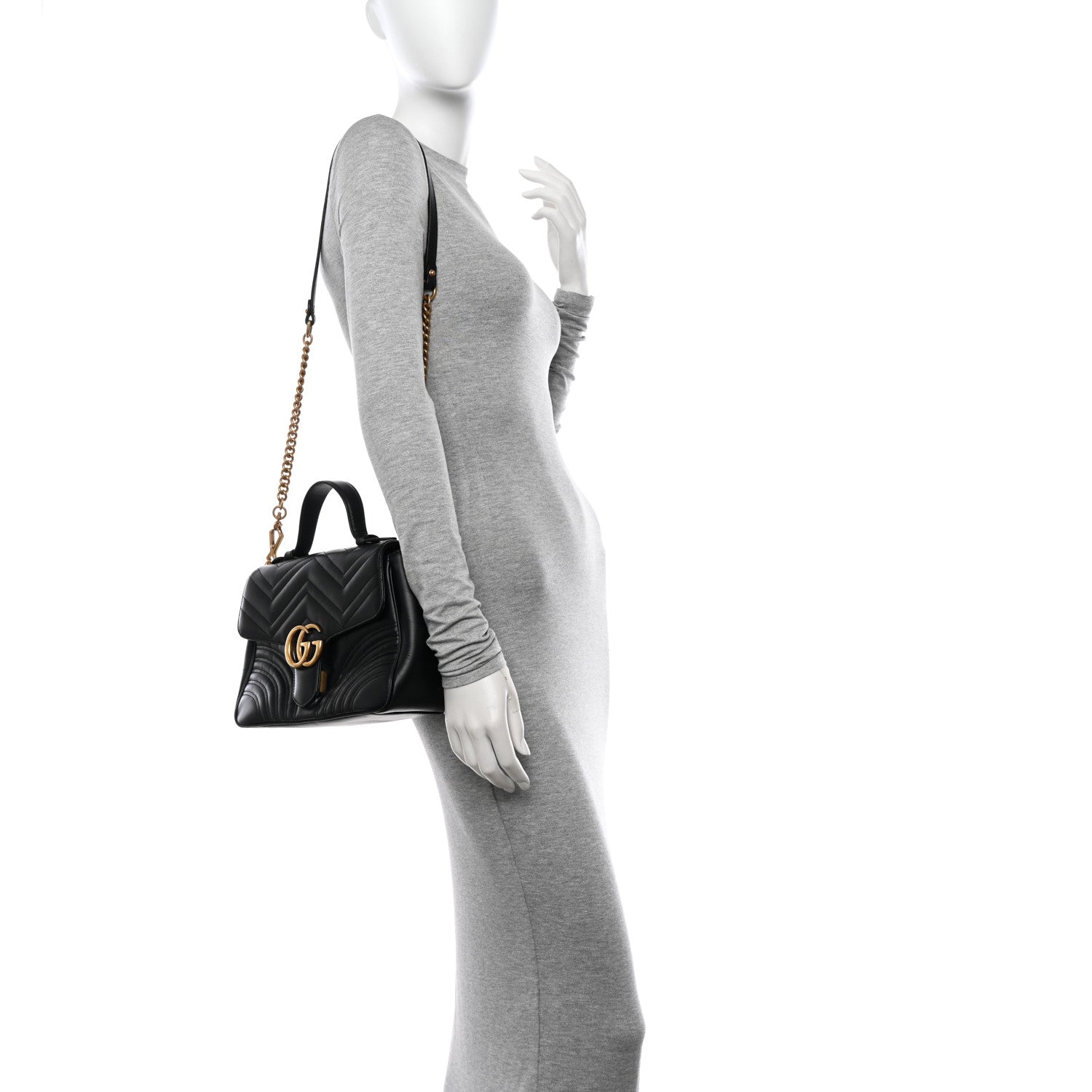 Gucci Calfskin Matelasse Small GG Marmont Top Handle Shoulder Bag Black 2 of 13