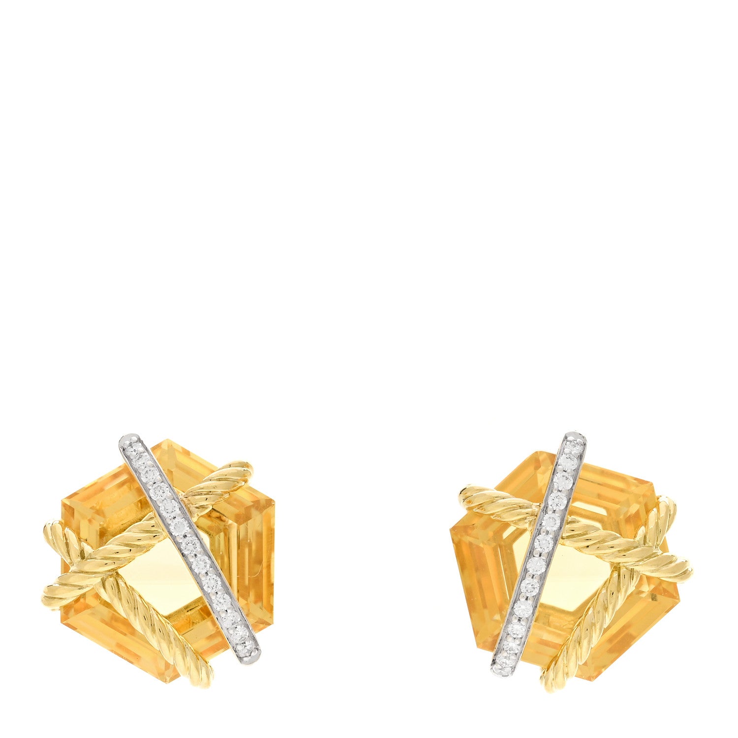 David Yurman 18K Yellow Gold Diamond Champagne Citrine 14mm Cable Wrap Earrings 1 of 4