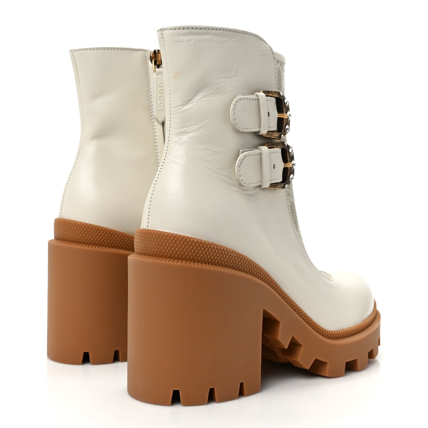 Gucci Kensington Calfskin Nappa GG Supreme Monogram Womens Double Buckle Ankle Boots 35 Mystic White Beige 4 of 9
