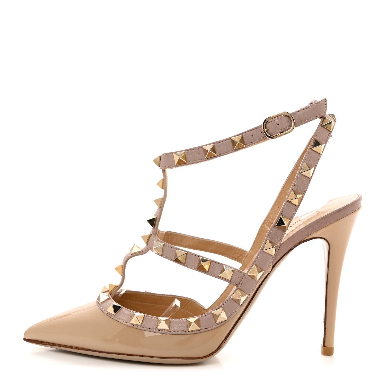 Valentino Garavani Patent Nappa Rockstud Ankle Strap 100mm Pumps 37 Camel Rose Poudre 1 of 7