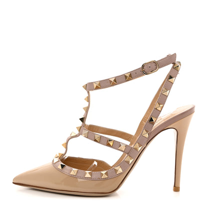 Valentino Garavani Patent Nappa Rockstud Ankle Strap 100mm Pumps 37 Camel Rose Poudre 1 of 7