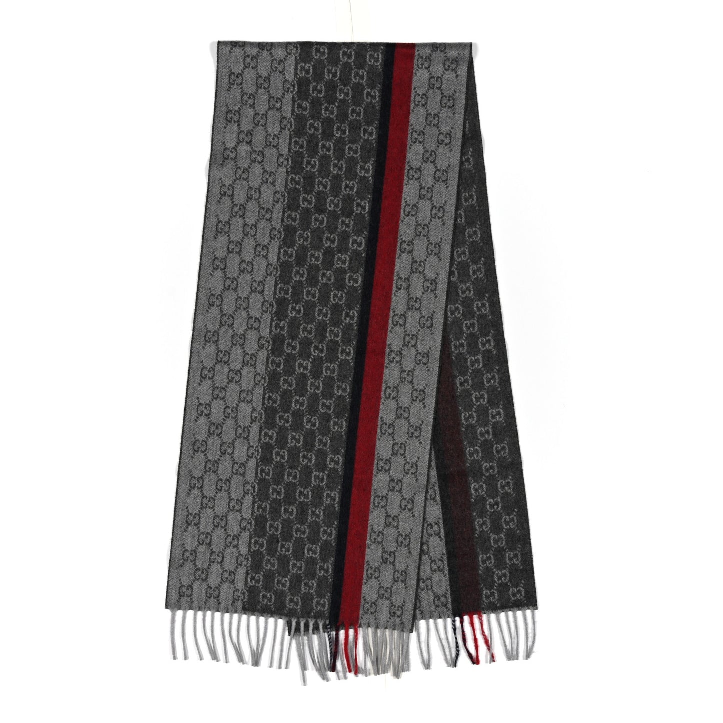 Cashmere Monogram Web Fringe Scarf Grey Red Navy